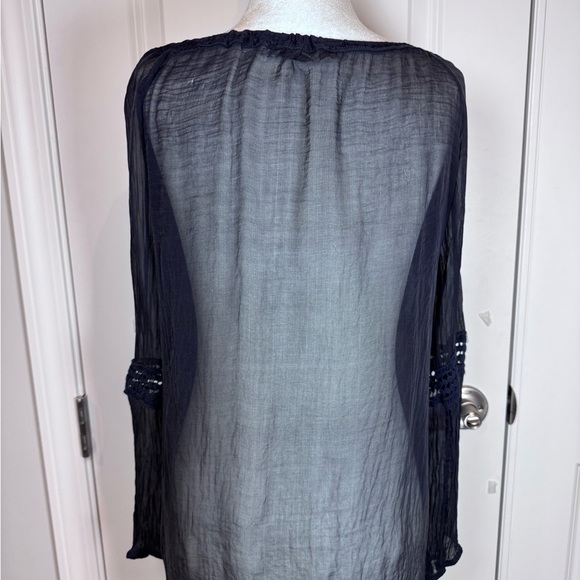 Italian Navy Whimsy Goth Sheer Layers Bohemian Airy Embroidered Gauze Peasant - Picture 5 of 9